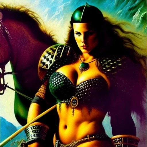 portrait oil on canvas, beautiful busty female Barbarian Warrior, riding a Black Horse,green eyes, ,minimal armor,comic book cover, mystical colors,insanely detailed,realistic,intrincate detail, 16k resolution, masterpiece,Frank Frazetta,Alex Horley, Simon Bisley