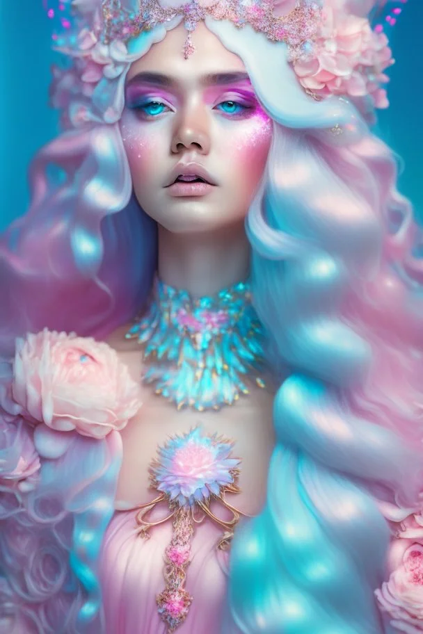 surreal, soft pink flowing hair,big eyes,full frame,full tiara,jewelry,filigree,luxurious pale blue outfit, from iridescent scales with decor,aesthetics of the female body, sophisticated,with floral elements,detailing,hd,delicate background, rainbow,magic,bohemian photo,shine, gloss,magical,beautiful, enchanting, colorful,bright studio lighting,iso800,30 mm lens,f/16,art deco,sweet fantasy,avery fantasy,cgi,1024K,professional photo,photorealism