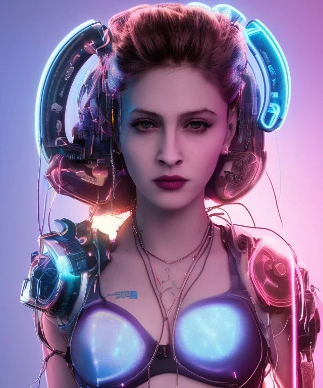 Artist, young madonna, ciborg woman, glow iris, piercings, sweet, punk hair, blonde, white skin, long eyeliner, glow pink cheeks, glossy lips, color leds lights, cables, circuits, cyberpunk, latex coat, cyber punk, neon, portrait, studio photo, unreal engine 5, soft color, 16 bit, god lights, ray tracing, RTX, lumen lighting, ultra deatail, volumetric lighting, 3d, finely drawn, hd.