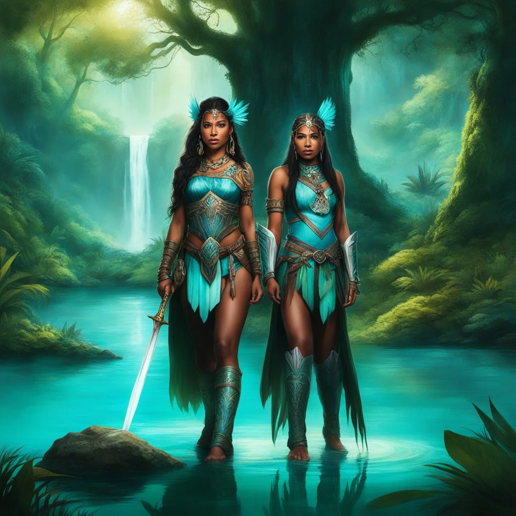 In the realm of Eldoria, two indigenous girls stand tall, Clad in armor and adorned with tribal tales that call. With bows in hand, they gaze towards a mystical oasis, Where aqua waters meet luminous green in a magical stasis. Their bodies bear tattoos of valor and ancient lore, As they guard a forgotten prophecy, their spirits soar. Under the enchanted tree's shade, they sit in contemplation, In a world of heroes and villains, a realm of imagination. Their presence is a beacon of strength and r