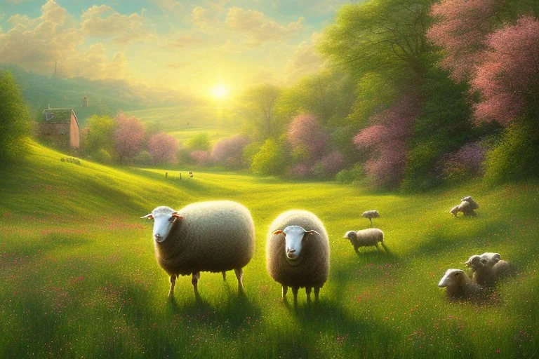 bucolic English countryside, peaceful sheep grazing in bright green grass, tiny colorful wildflowers Modifiers: extremely detailed bright studio setting 8k rose tones oil on canvas very attractive beautiful