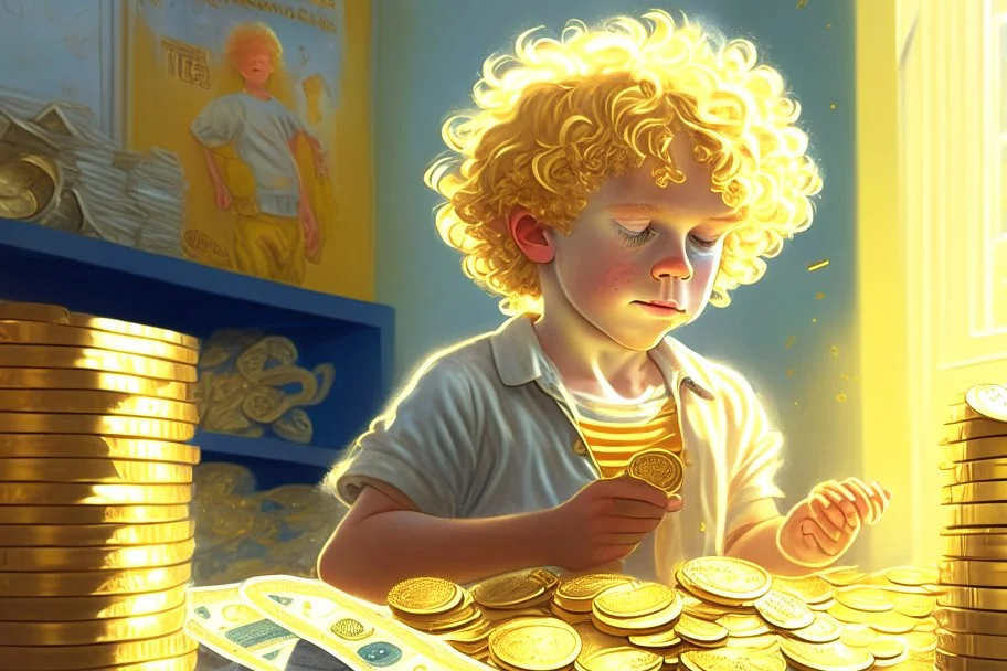 a curly-haired blond boy counts money and stacks gold coins in a modern nursery, in sunshine