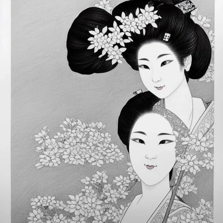 Insanely detailed black and white sketch of a beautiful young geisha in Sakura