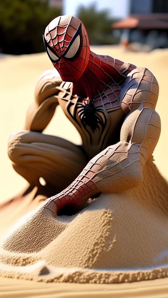 spiderman become sand statue, sand material, ultra realistic, 4k, ultra detail, full body