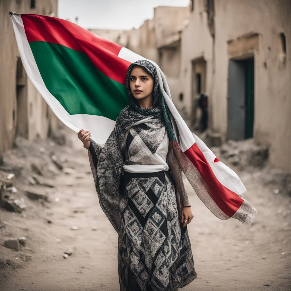 A very beautiful girl carrying a large Palestinian flag in her hands and waving it while wearing a keffiyeh and an embroidered Palestinian dress.