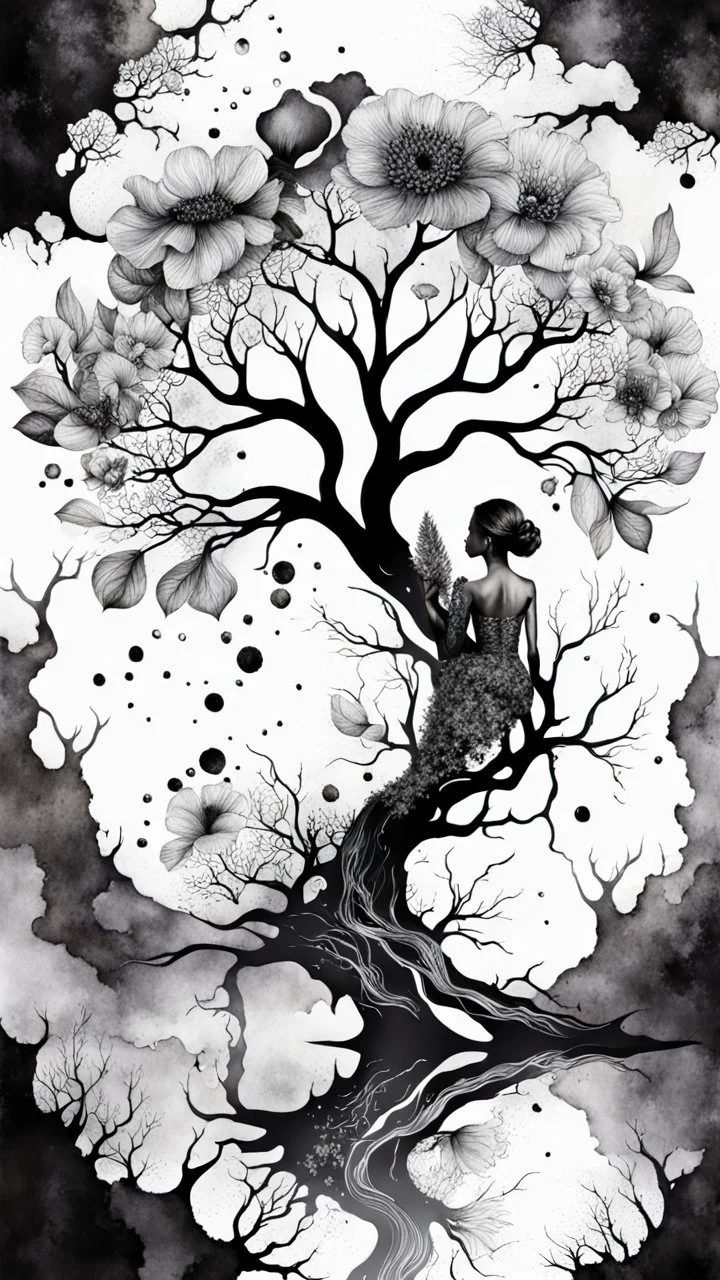 double exposure black and gray color Water color illustration with weet ink dry tree with fantasy flowers, profil face, deep dark , surreal, dramatic atmosphere. intricate, stunning textures , mystery. stunning illustration