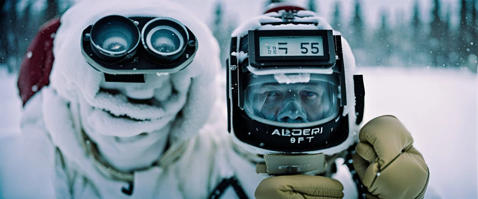 close up documentary photography, Yeti, Yeti but its a scientist, Dystopian, Japanese, Extreme depth of field, bokeh blur, winter, blizzard, Alberta, all-natural, in the style of candid, imperfection, natural lighting, Professional shot, shot on Agfa, Fuji Film, Anamorphic lens, 1980s, --ar 4:5 --w 150 --style raw