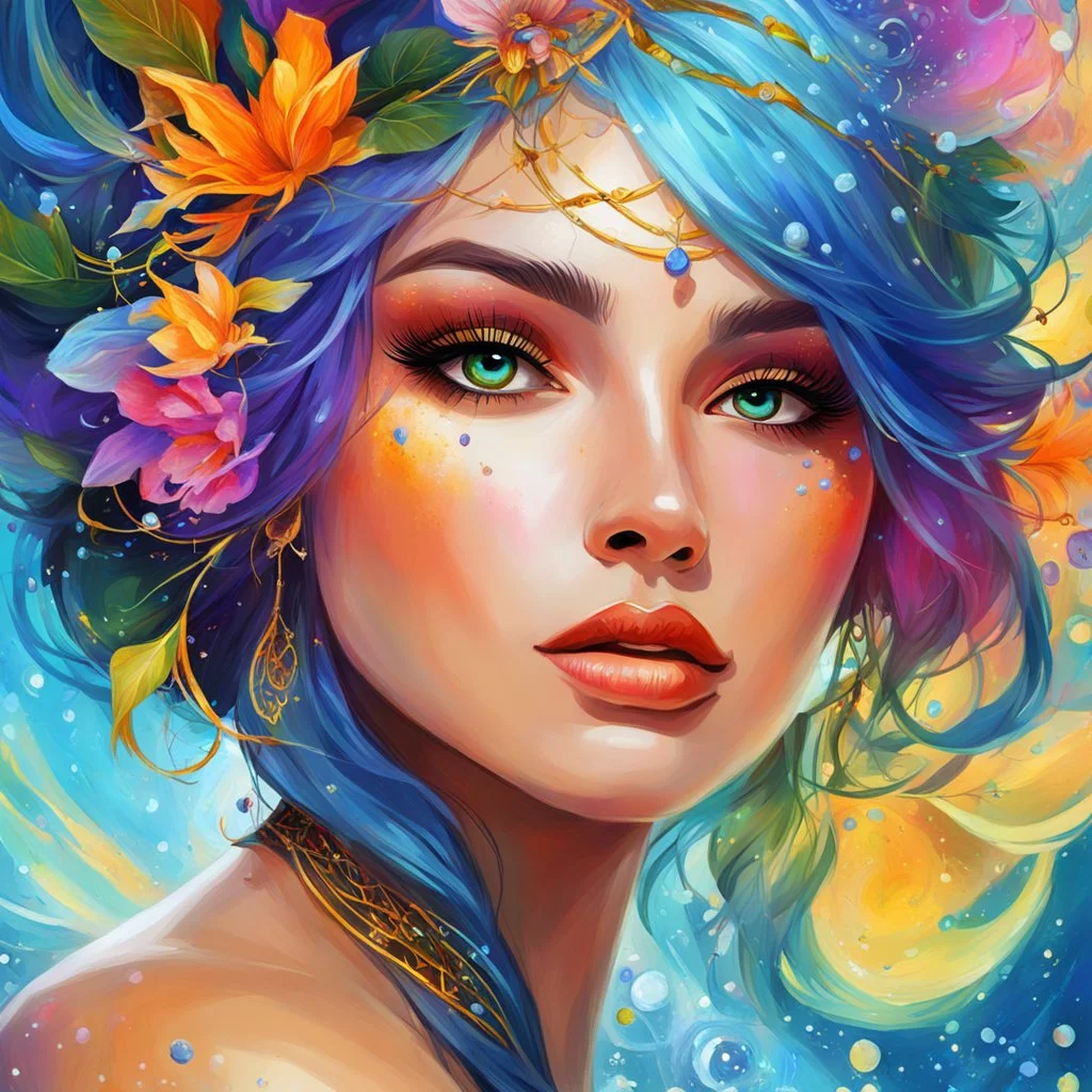 A face portrait of a water witch named Aimpion; masterpiece; high-quality; high-relosution; digital art; digital painting; bright colors; focus on face; face; face portrait; profile picture