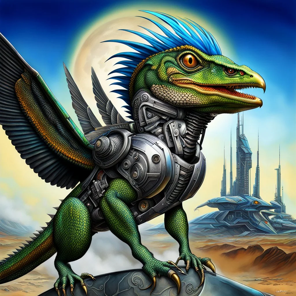 Lucky Stryker, Jet eagle lizard hybrid, biomechanical surrealism,