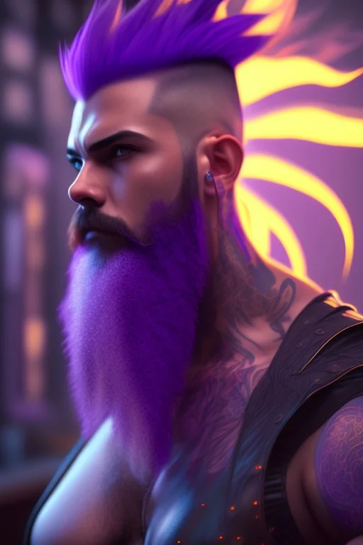 photorealistic, hyperdetailed painting, luminism, Bar lighting, complex, purple mohawk, 4k resolution concept art, Artgerm, WLOP, Alphonse Mucha, 3d render, octane render, intricately detailed, cinematic, awesome full color, hand drawn, dark, gritty, cinematic, purple beard, wyvern