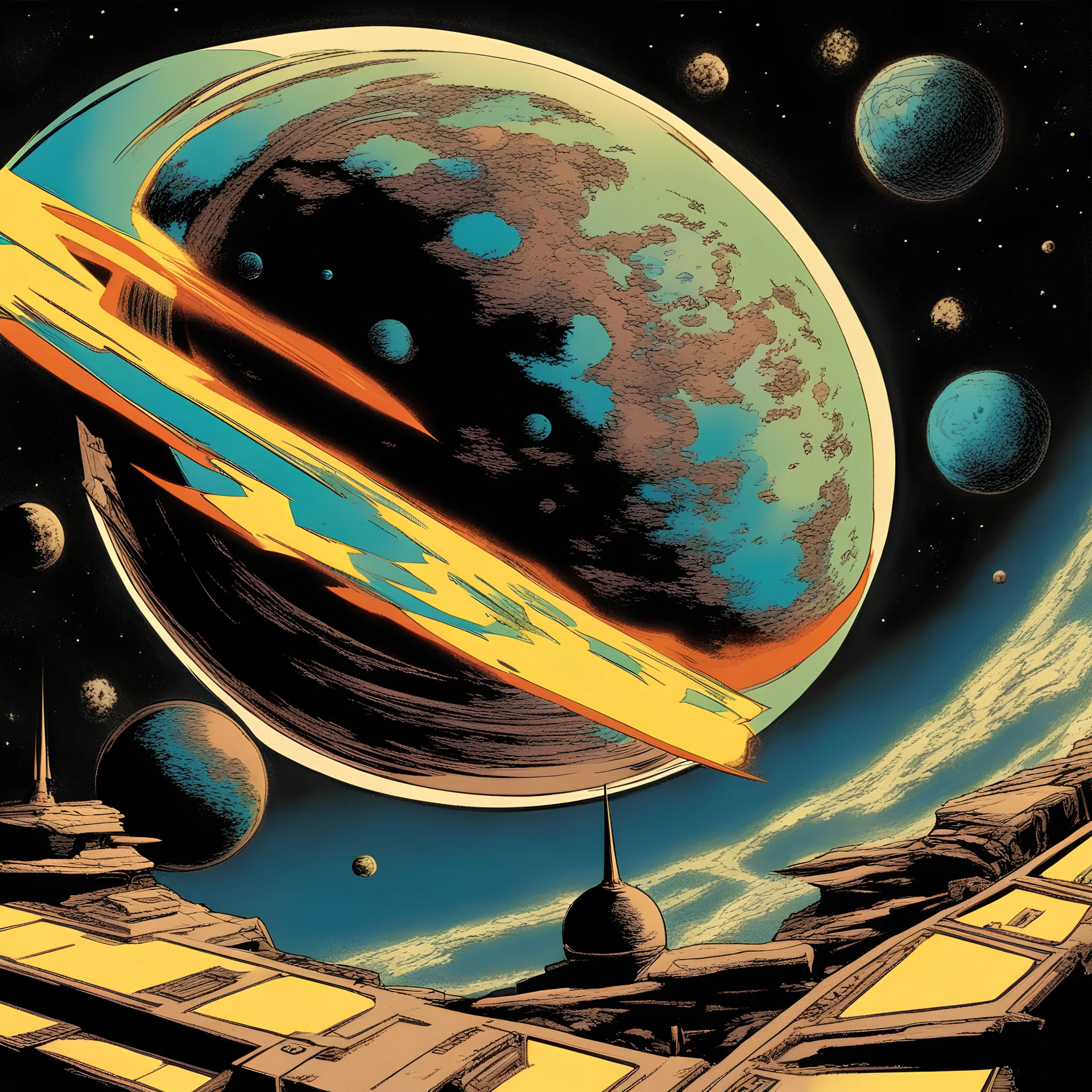 space vista, with a large planet cropped at the top, retro comic, space ship from the back, jets blasting, jack kirby style