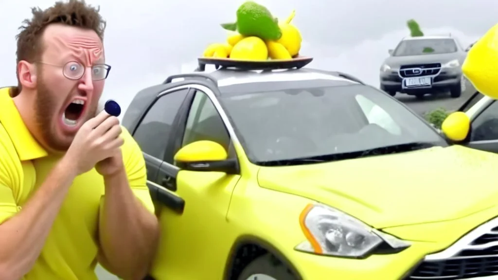 guy in hurricane arguing on phone next to his kia sportage made out of lemons