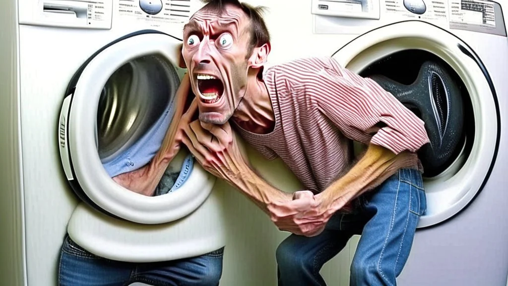 very skinny man upset he is unable to move damaged dryer