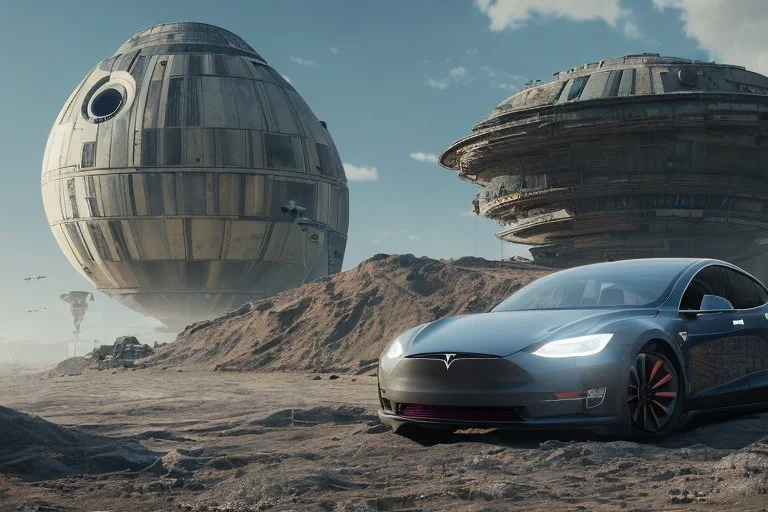 A Tesla 'Model Y' is parked, within the trench of the Death Star. (CINEMATIC, WIDE ANGLE LENS, PHOTO REAL)