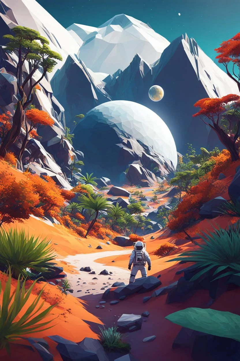 (((close midshot))), (((low poly art:2))), (astronaut), ultra detailed illustration of an environment on a dangerous:1.2 exotic planet with plants and wild (animals:1.5), (vast open world), astroneer inspired, highest quality, no lines, no outlines candid photography. by Lekrot