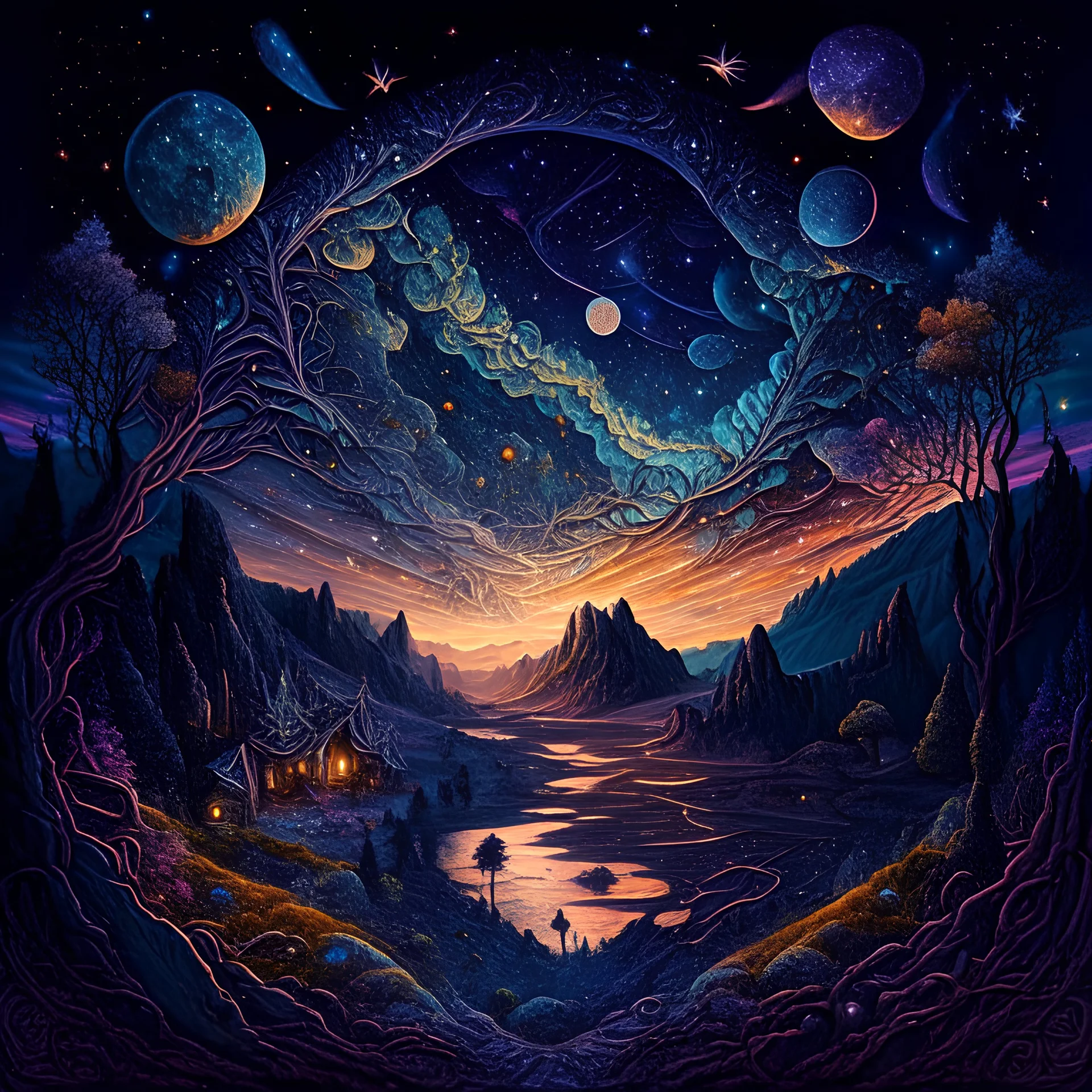 landscape, epic, intricate details, high detail, astronomical event, constellations, magical colors