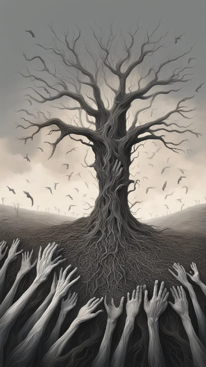 a field of thousands of hands of bodies rising up from the ground not visible, horror, hands in different shapes coming out from the ground towards the sky Busch painting style nightmare and thin line draw, a dry tree with out branches in the middle