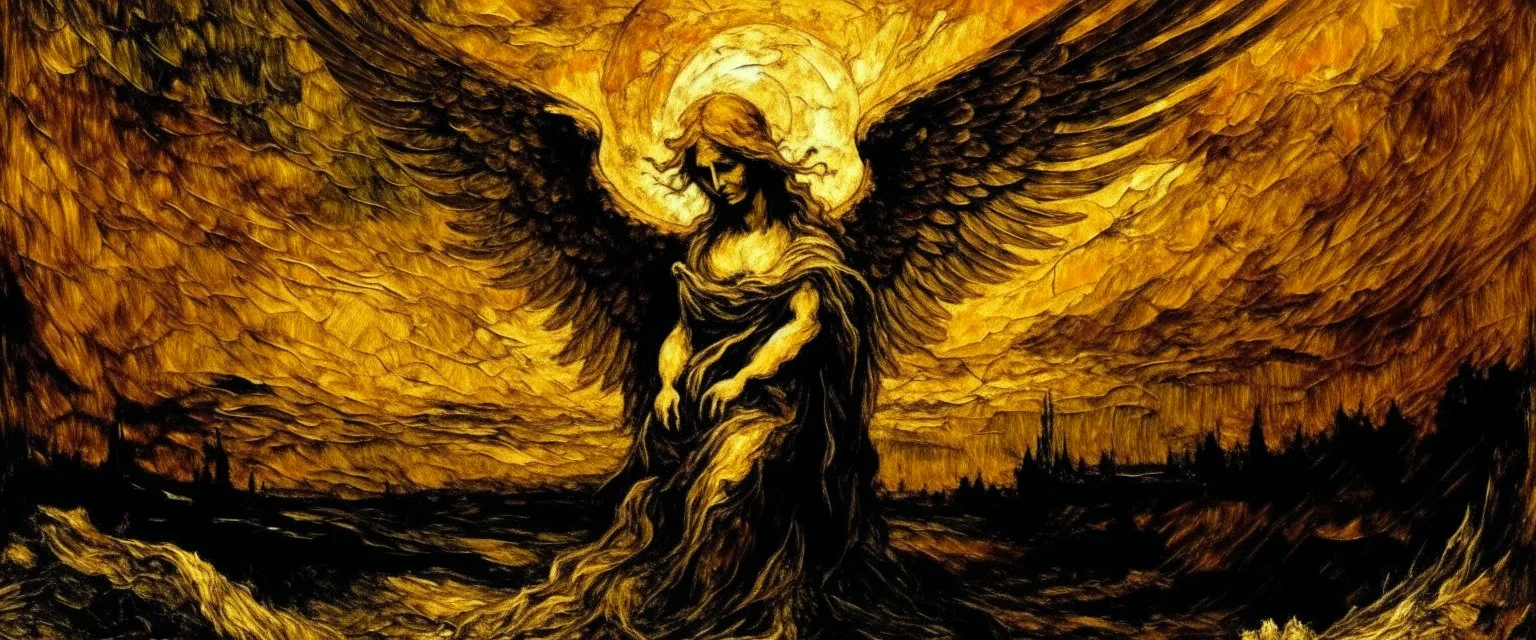 A dark golden angelic heaven painted by Vincent van Gogh