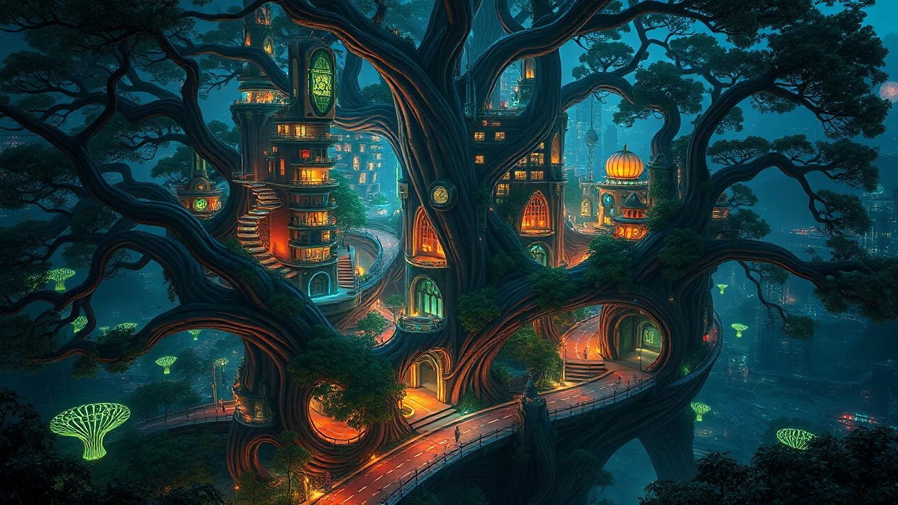 A breathtaking futuristic city built inside a giant tree, with buildings spiraling up the branches and glowing, bioluminescent plants lighting up the streets at night. Photographic quality and detail, award-winning image, beautiful composition.