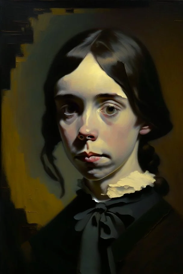 Young Emily Dickinson portraiture by Wolfgang Alt, oil on canvas, Fine Art, Abstract, Conceptual, Figurative, Dark color palette, high quality,