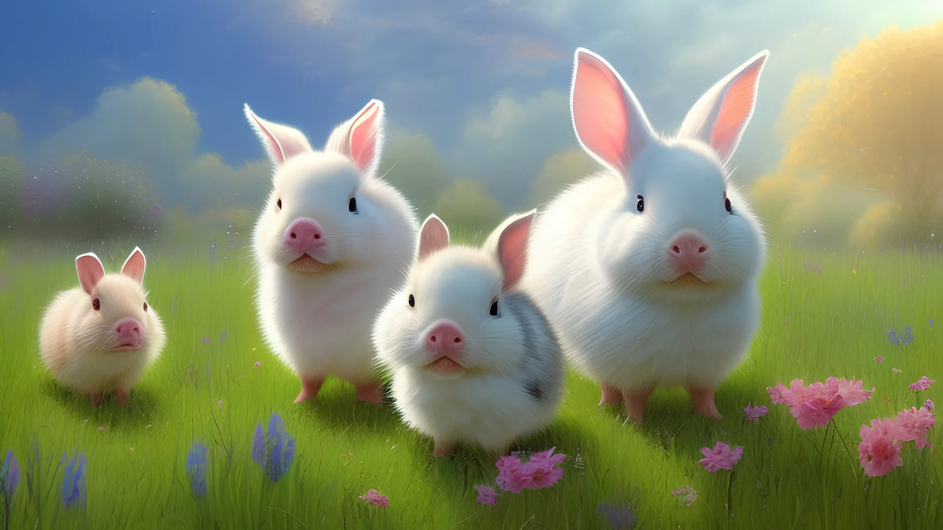 Imagine (((a piglet))), (((a duck))), and (((a rabbit))), together in a sunny meadow. Drawing in the style of Pixar animation, with vibrant and bright colors. Contours and features in black, with thick, well-defined lines to highlight the contours. The scene should convey a lively and joyful atmosphere. The background image should be a meadow and should contain natural elements such as colorful flowers, trees, and a clear blue sky with fluffy clouds. The image should evoke a feeling of harmony