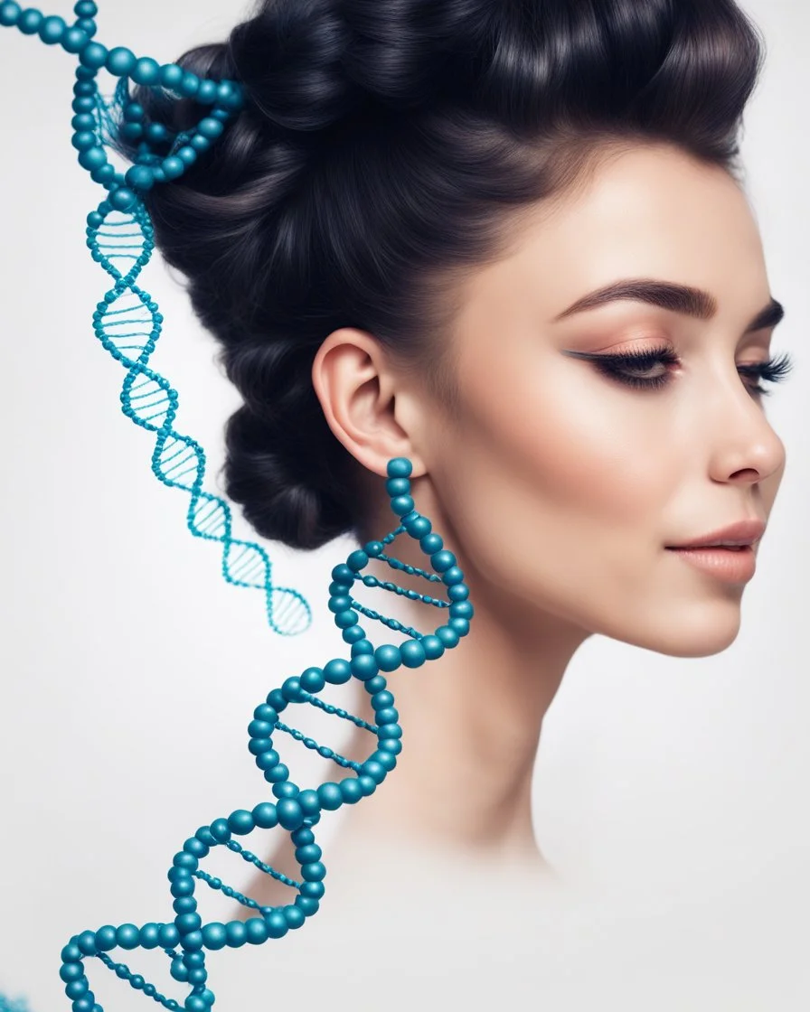 a woman smiling face, close eyes, pastel peach colors, DNA molecule hair thread imitation