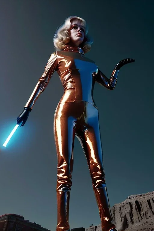 Ultra Realistic retro sci-fi portrait New York image from 1960, sky spaceships, sweet young Jane Fonda, tight latex suit, weapon, fighting stance, soft color, highly detailed, unreal engine 5, ray tracing, RTX, lumen lighting, ultra detail, volumetric lighting, 3d, finely drawn, high definition, high resolution.