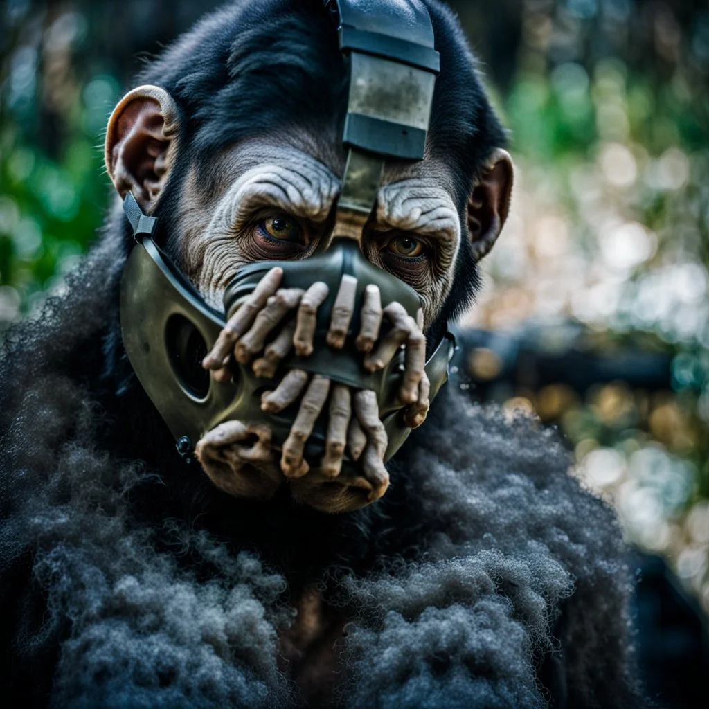 Ape Creature in a breathing device, gas mask, respirator Christopher Nolan, Dystopian, Extreme depth of field, bokeh blur, Alberta, all-natural, in the style of candid, imperfection, natural lighting, Fuji Film, Anamorphic lens