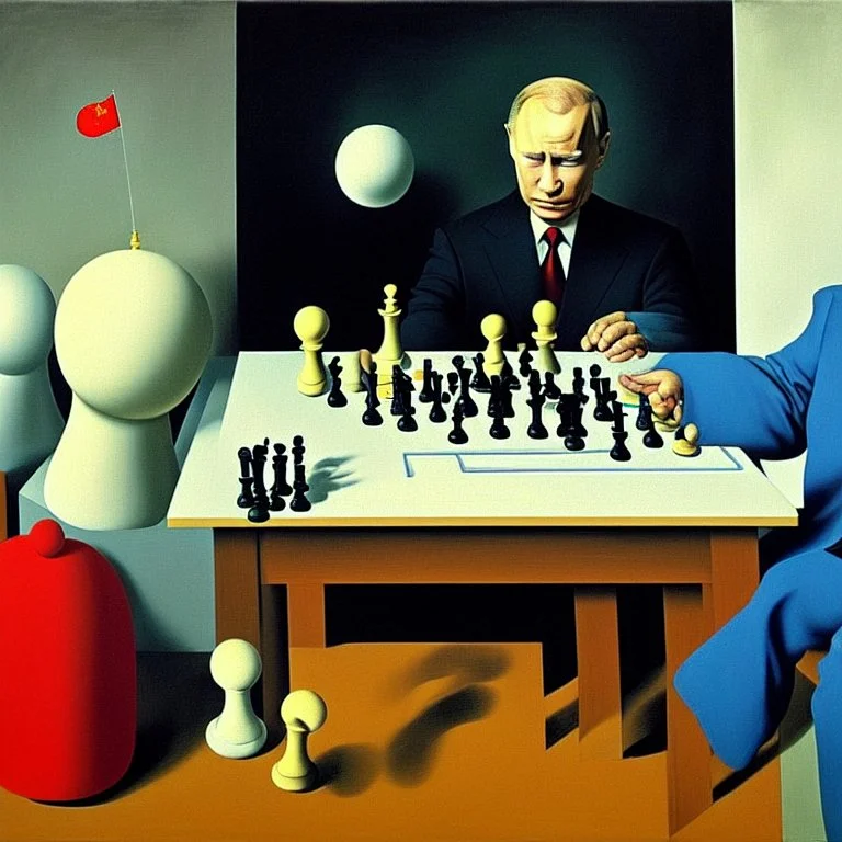 Putin, President Xi Of China And Joe Biden Play Chess With A Pigeon,Ufo And Atomic Bomb Mushroom Cloud,Complex Surgical Instruments Intermixed With A Newborn Boy,Minimalism,Painting By Adrian Ghenie,Rene Magritte,Pablo Picasso,Michelangelo,Salvador Dali,Lucian Freud