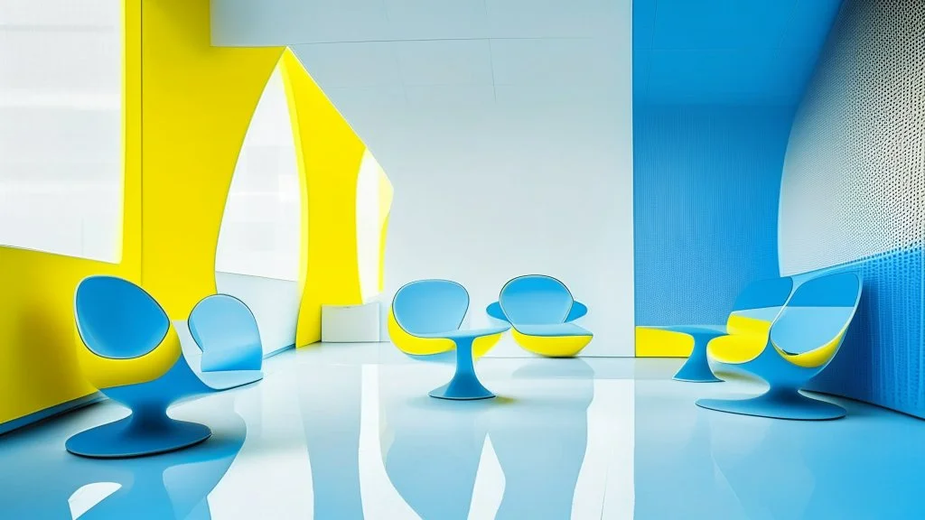 Futuristic interior space with sleek stainless steel mesh and white concrete inclined walls, blue floors, figure seated on vibrant yellow chairs