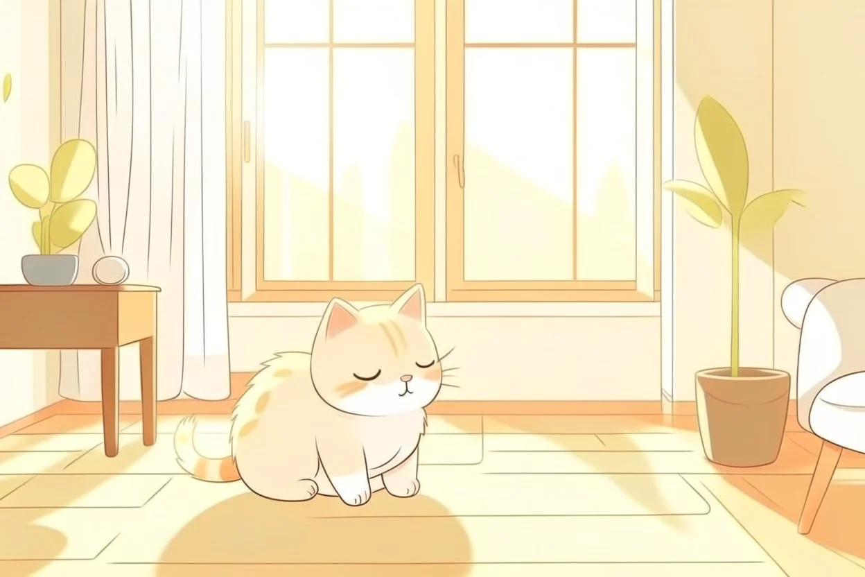 cute fluffy chibi beige cat measuring fever in a modern room in sunshine