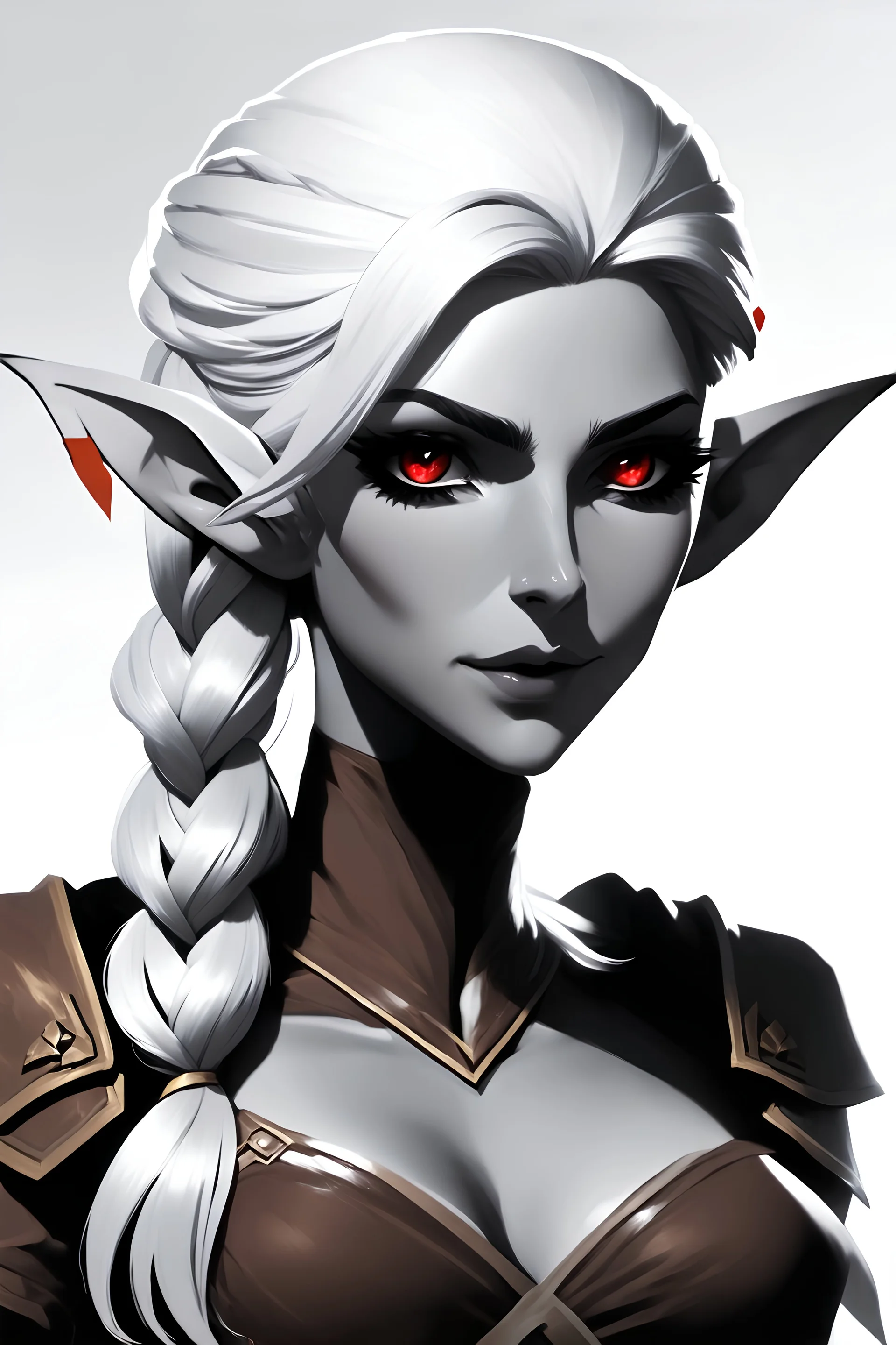 female; elf; side braid; grey skin; red eyes; white hair; drow; woman