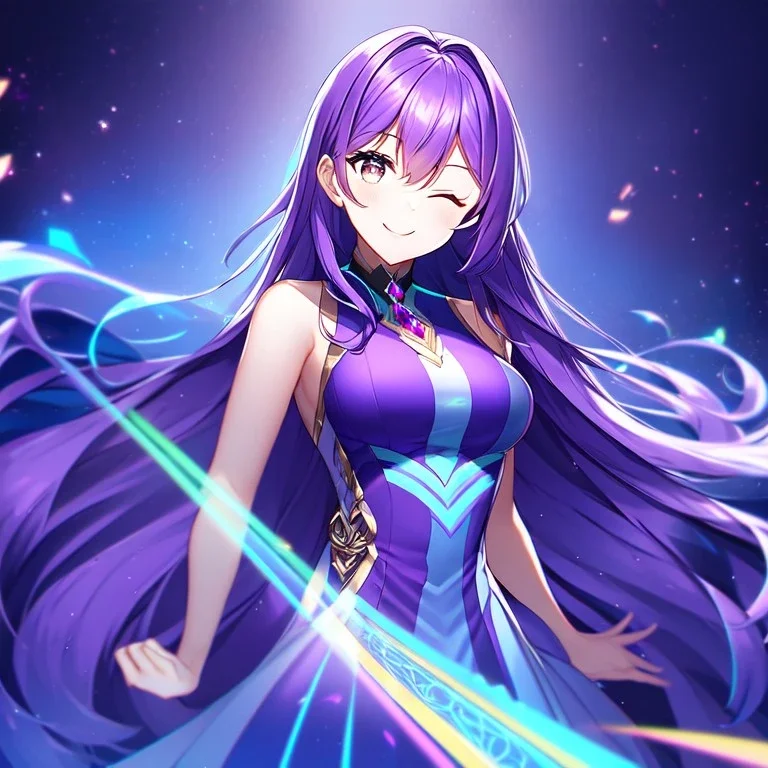 girl, masterpiece, best quality, volumetric lighting, detailed outfit, perfect eyes, long hair, purple hair, eyes closed, beautiful lighting, vibrant colors, smiling