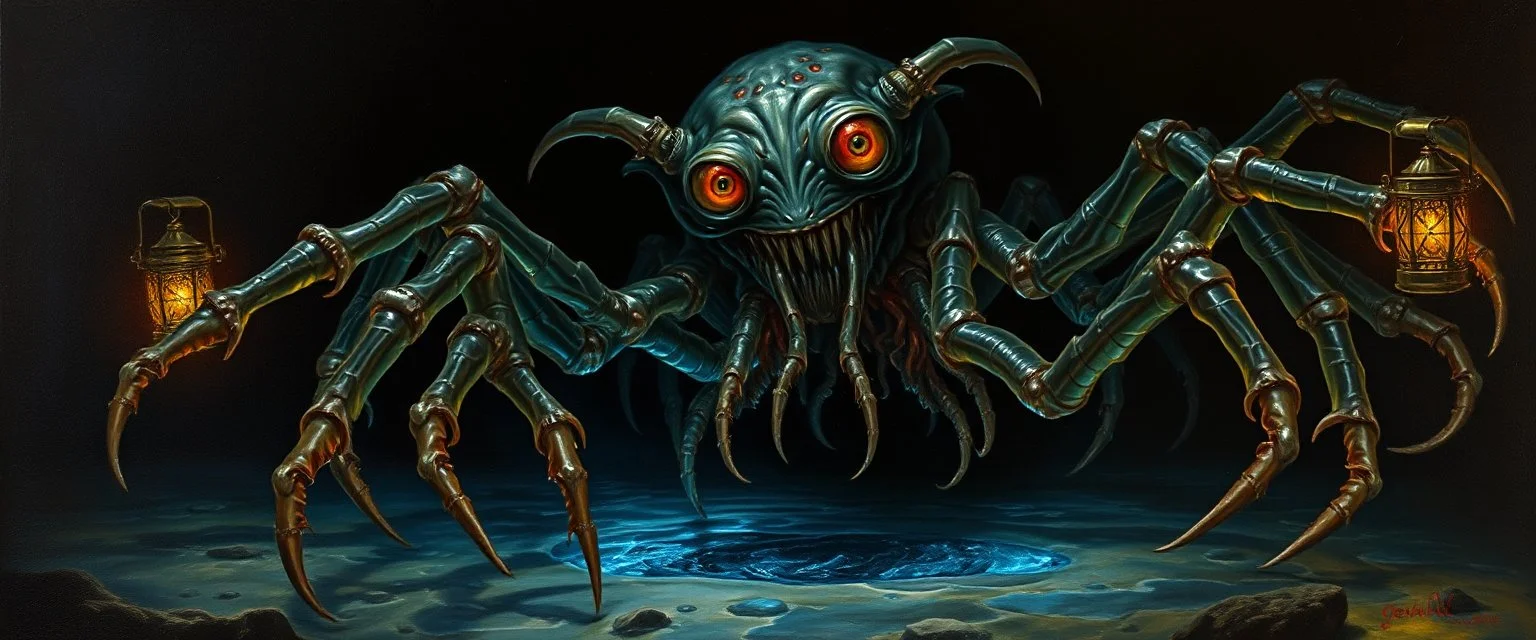 master oil painting by Rembrandt, good afternoon gremlin orc Fathomlurker in London "An abyssal creature with translucent skin revealing writhing organs, many spindly legs and elongated fingers, eyes like lanterns scattered across its body, tentacles that ripple silently, lurking in black depths, almost invisible, emitting an eerie blue glow."