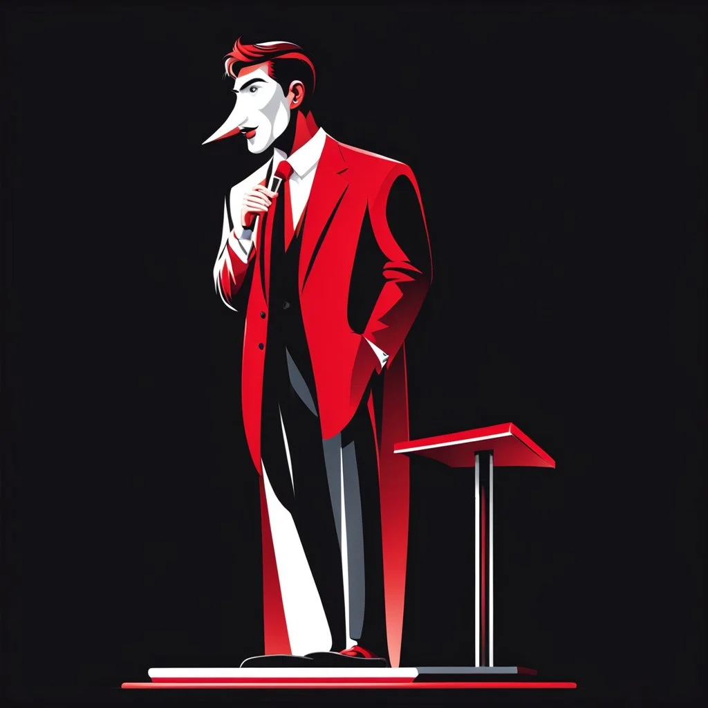 vector illustration man with a 50 centimeter long nose speaking at a lectern with microphone, black background, white, black and red colors