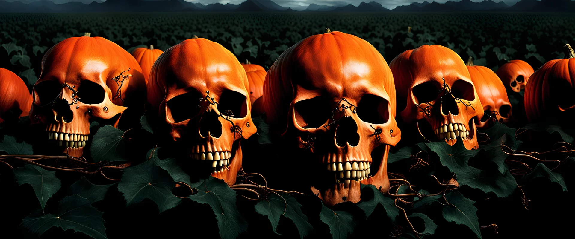 a highly detailed matte painting of a view of dozens of human skulls still attached to a vine in a large field, vines still connected like tendrils, designed to look like a pumpkin patch, painted orange, growing off of a vine of orange skulls, elegant atmosphere, glowing lights, highly detailed, concept art, smooth sharp focus, horrorcore, directed by Alfred Hitchcock, and drawn by H.R. Geiger