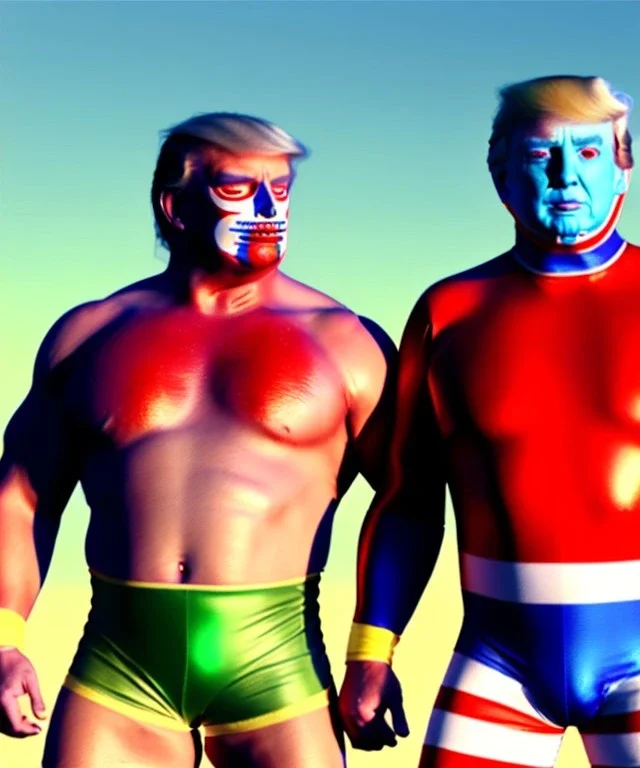 Realistic image of Donald trump wrestler, Mexican wrestling style, Mexican wrestling mask, clear nose and visible chin, red and blue breeches, glow us flag dress, suspenders, retro style, 80s, vibrant color, highly detailed, sky background, concept art, unreal engine 5, god rays, ray tracing, RTX, lumen lighting, ultra detail, volumetric lighting, 3d, finely drawn, high definition, high resolution.