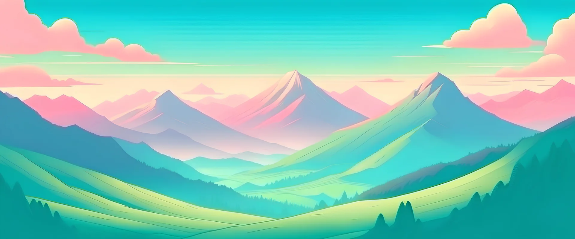 Ghibli style beautiful landscape with high misty mountains in the distance, pastel bright colors, adventure theme