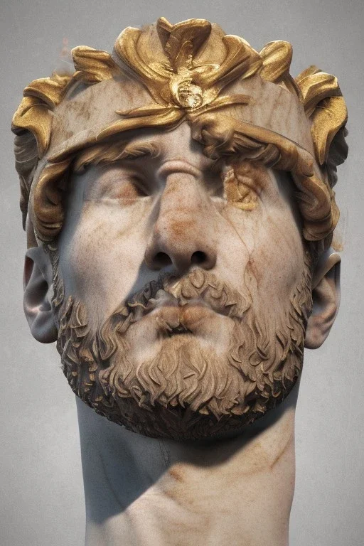 Realistic image, Roman sculpture made in marble with gold veins, Lionel messi, gold laurel leaves crown, waist up portrait,marble material, gold ornaments, Renaissance style, sun rays background, epic, celestial, cinematic lighting, God lights, 4k resolution, smooth details, soft lighting, unreal engine 5, art station, substance 3d.