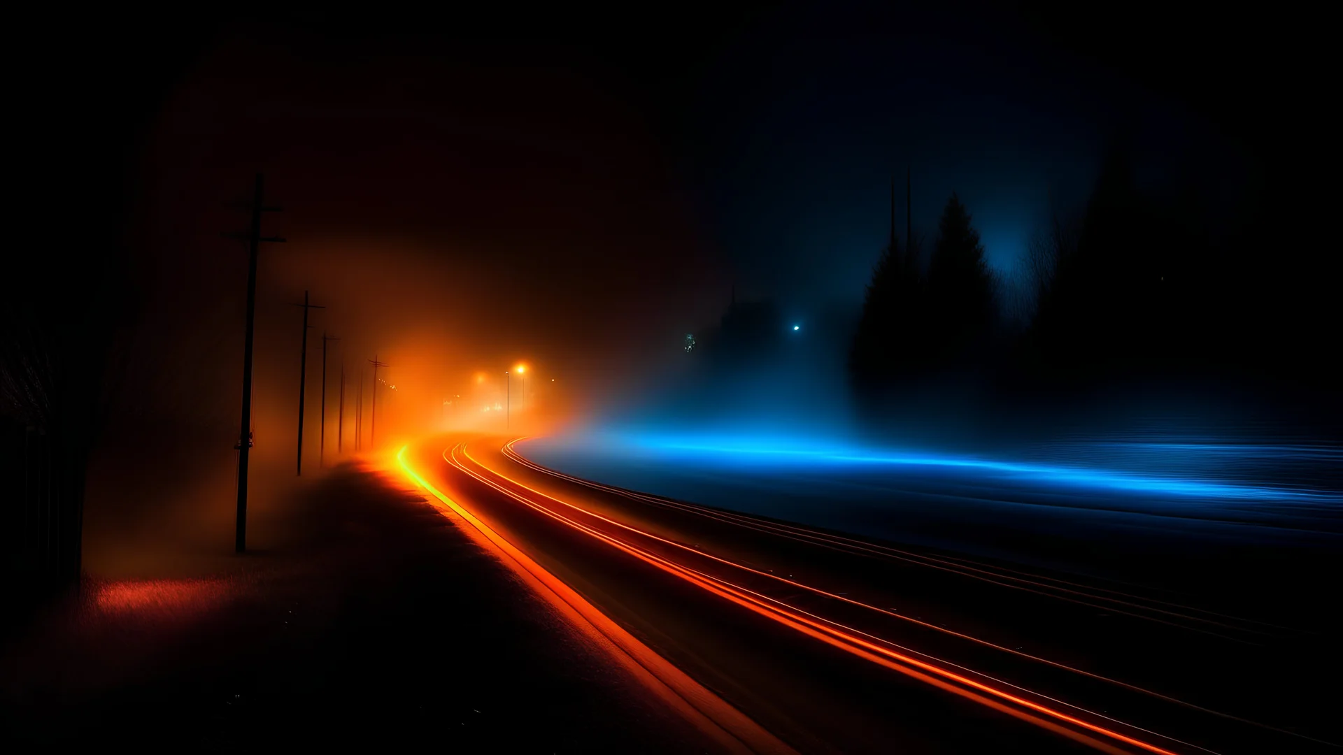 lightrails, blue and orange, dust, smoke, fog