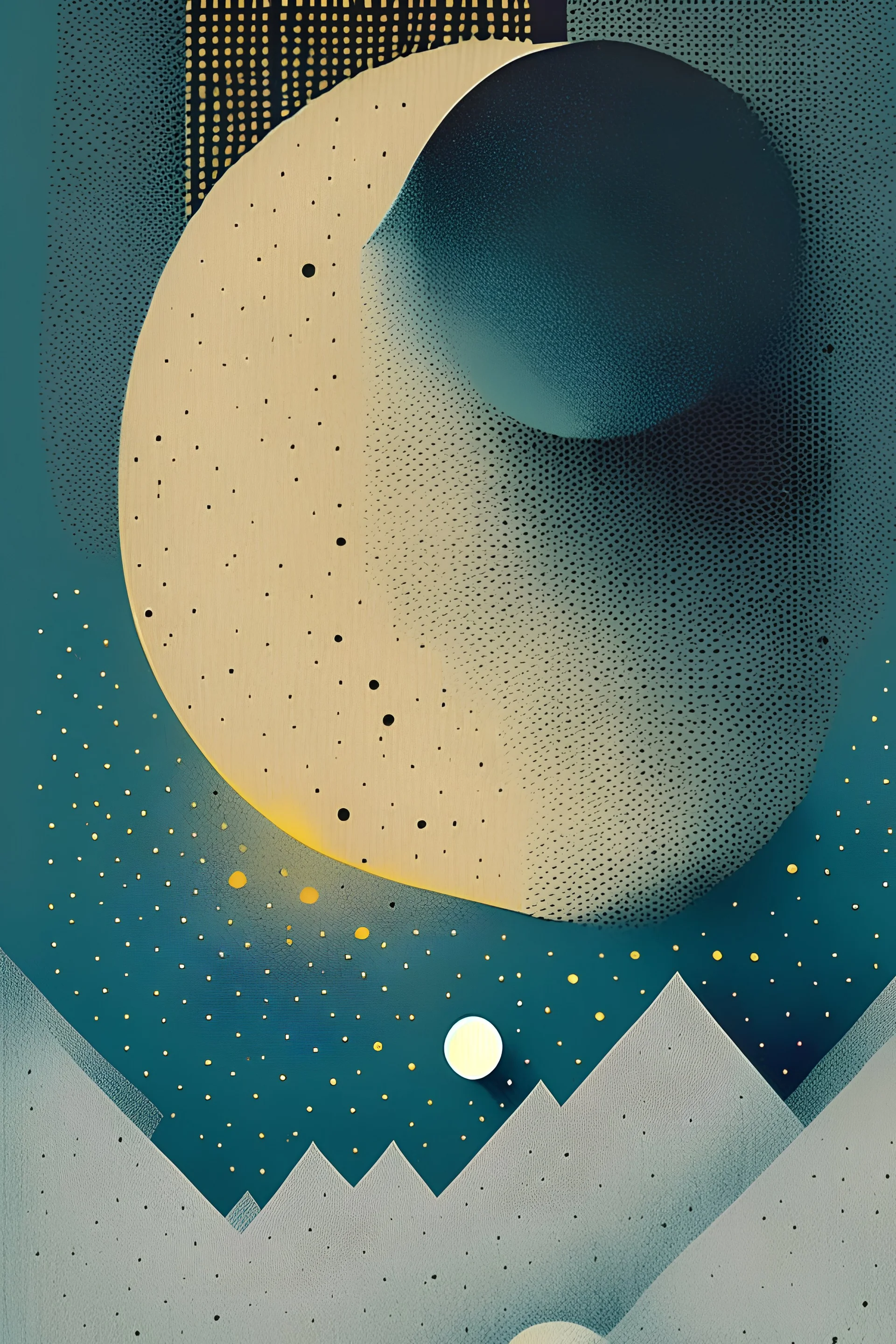 Moon profile + Halftone pattern + editorial illustration of the memento morti + higly textured, genre defining mixed media collage painting + fringe absurdism + Award winning halftone pattern illustration + simple flowing shapes + subtle shadows + paper texture + minimalist color scheme + inspired by Zdzisław Beksiński.