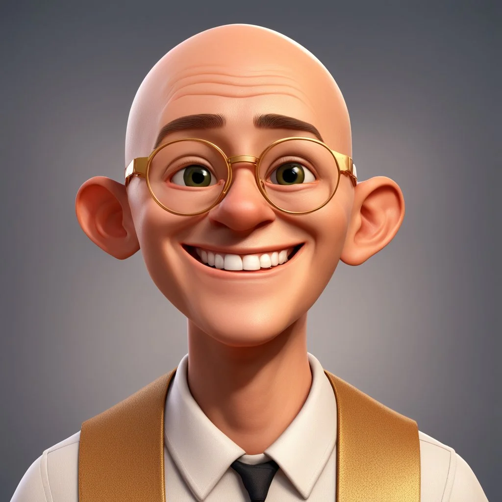 a portrait of smiling man. caricature. almost bald hair. light brown skin. black eye pupils. circle eyeglasses with thin gold frame. round face shape. white shirt with black vest. pixar style. 3D. 4k. portrait. highly detailed. sharp focus. high resolution. full color. cinema lighting