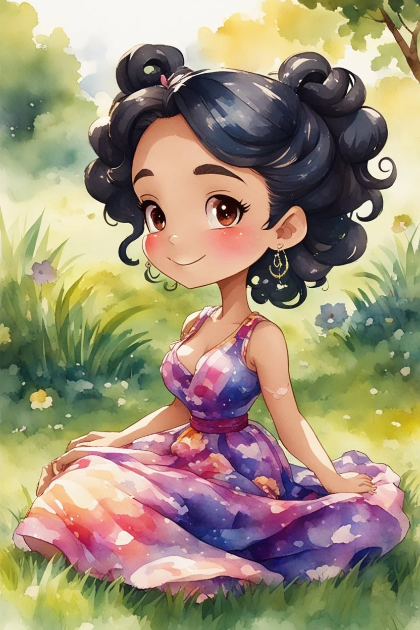 An watercolor image of a chibi black cartoon of a curvaceous woman with flowing black hair twisted up, wearing a colorful maxi dress. She sits relaxed on the grass facing the warm sunlight, which illuminates her face as she looks to the side with a small smile, accentuating her prominent makeup and brown eyes.