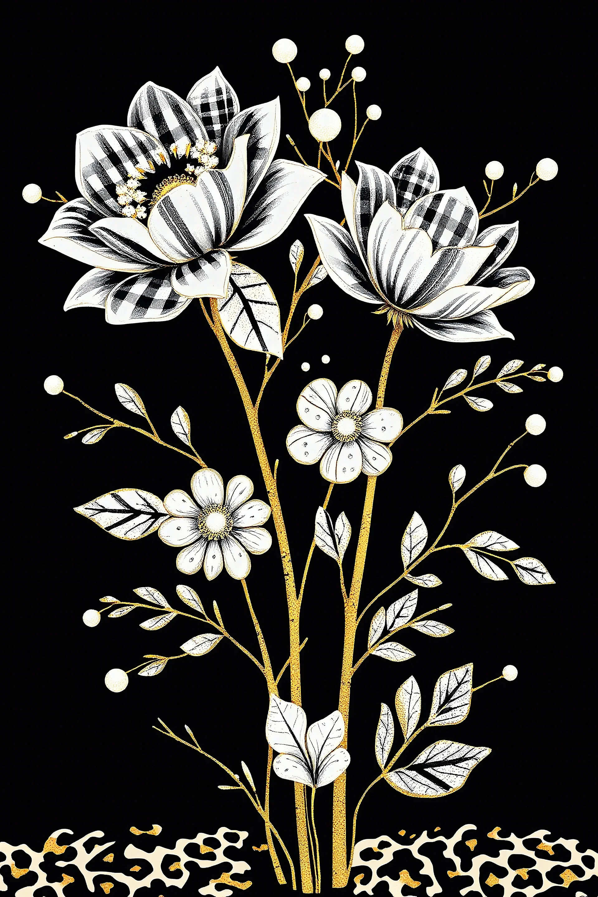 Large upright flowers with branches and leaves, dressed in black and white plaid and polka dots. Plaid and polka dots should be prominent but not too large. Include winter-themed elements. Gold details appear inside, along the lines, stems, and leaves. Adorned with crystal and pearl diamonds. The design must be full, elegant, stylish, and clearly visible. Background and ground should be solid black. Leopard textures may be included inside.