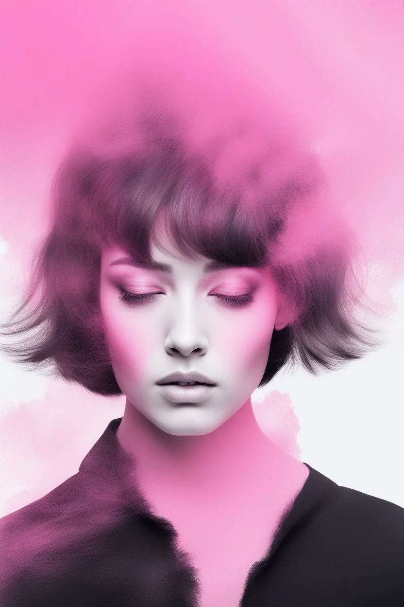 modern art .girl in pink haze . blach background