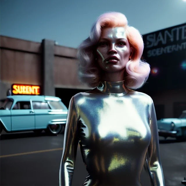 Ultra Realistic retro sci-fi, Supermarket parking scene, 1960 year, blonde woman, sweet young Kate moss face, x rays eyes, face makeup, tight latex coat; many panic people, Retro sci-fi style, soft color, highly detailed, unreal engine 5, ray tracing, RTX, lumen lighting, ultra detail, volumetric lighting, 3d, finely drawn, high definition, high resolution.