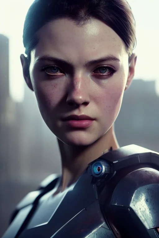 portrait,beautiful gun girl robot, post-apocalyptic in a cyberpunk city, realistic, intriacte detail, sci-fi fantasy style, volumetric lighting, particales,highly detailed,cinamatic, deep