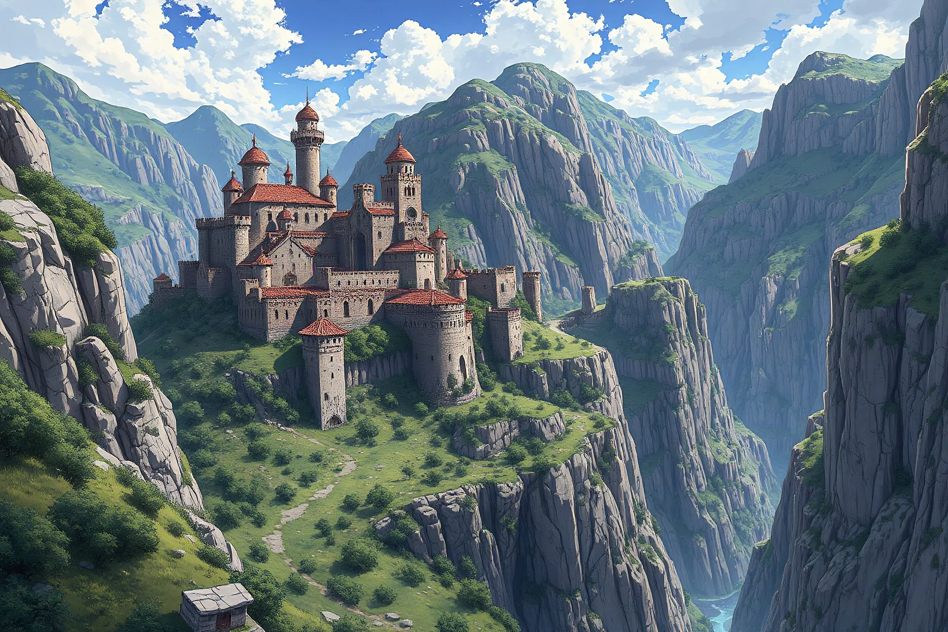 In anime style, medieval, ruined slope of the harsh canyon