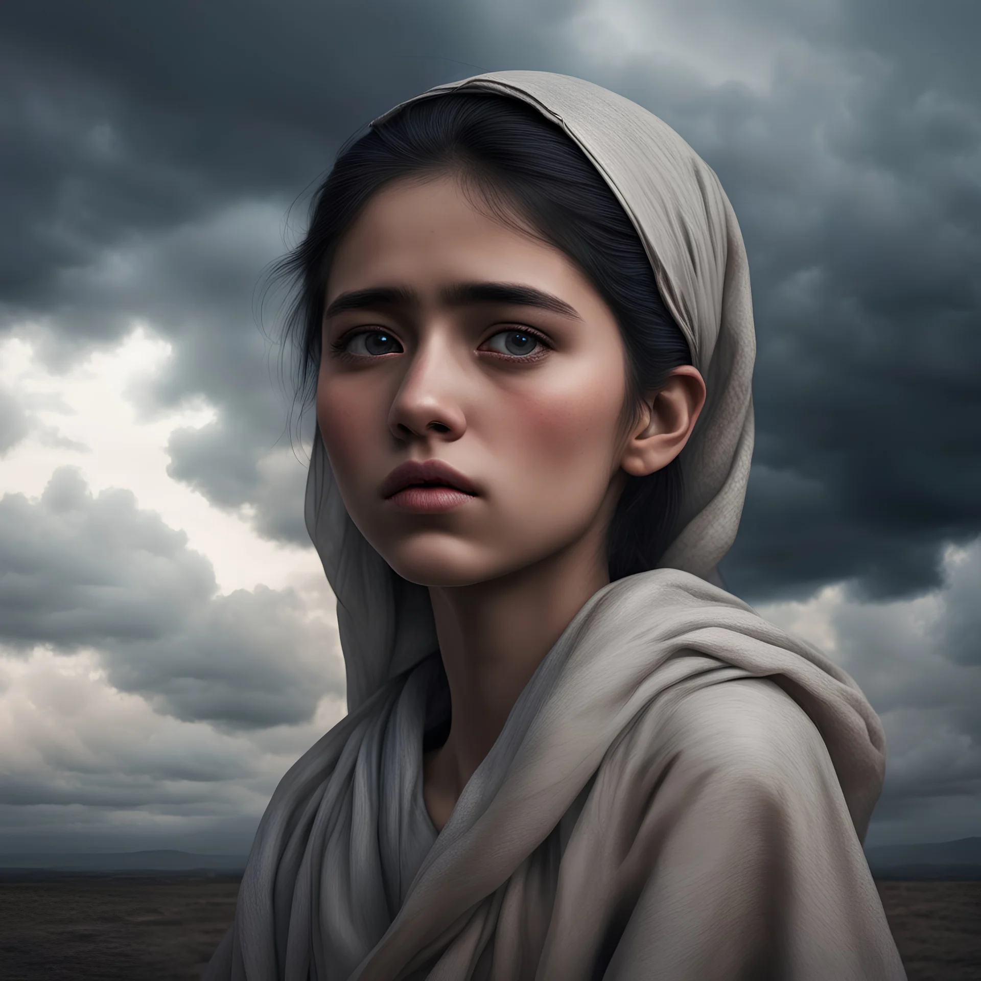 Hyper Realistic Sad Pushto Girl with cloudy sky & dramatic ambiance