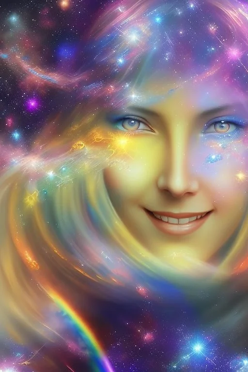 cosmic woman smile, admiral from the future, one fine whole face, crystalline skin, expressive blue eyes,rainbow, smiling lips, very nice smile, costume pleiadian, Beautiful tall woman pleiadian Galactic commander, ship, perfect datailed golden galactic suit, high rank, long blond hair, hand whit five perfect detailed finger, amazing big blue eyes, smilling mouth, high drfinition lips, cosmic happiness, bright colors, blue, pink, gold, jewels, realist, high commander